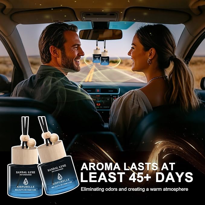 Car Air Freshener Hanging 2 Pack Car Air Fresheners Diffuser - Spicy Sandalwood Fragrance Oil Air Diffuser for Car, 45+ days Long Lasting Fragrance, Two 0.27 FL OZ/8ML Made in USA Car Air Fresheners - Bloomnest