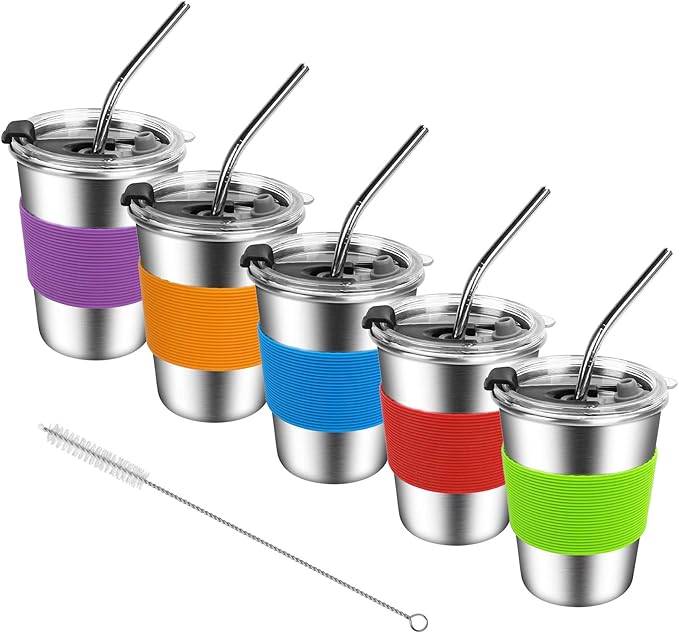 Kids Stainless Steel Cups, Kids Metal Drinking Glasses with Lids, Stainless Steel Straws and Sleeves, 12oz Reusable Water Tumbler for Children and Adults, Apply to Indoor and Outdoor - Bloomnest