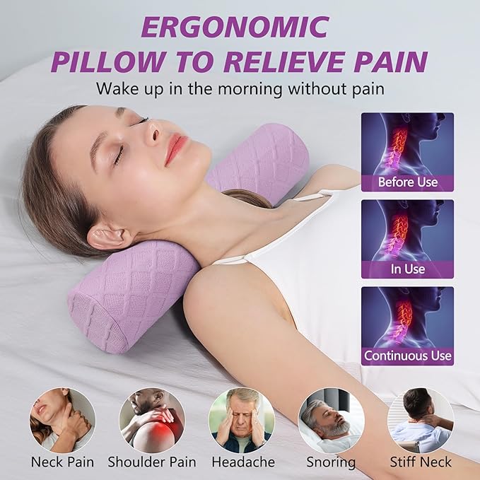 Cozyhealth Cervical Roll Pillow, Medium Soft Memory Foam Neck Round Pillow Cylinder Bolster Pillow for Sleeping, Round Neck Support for Bed, Legs, Back and Yoga (Purple, Medium - 3.9" H) - Bloomnest