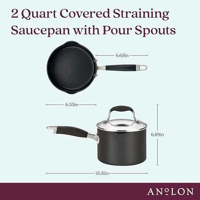 Anolon Advanced Home Hard Anodized Nonstick Sauce Pan/Saucepan with Straining and Lid, 2 Quart (2 Qt Straining Saucepan, Onyx) - Bloomnest