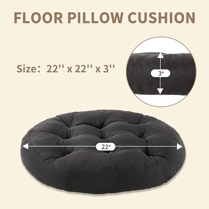 Meditation Floor Pillow, Round Floor Cushions for Adults, Button Tufted Seat Cushions for Yoga Tatami Living Room, Black, 22 x 22 x 4 in