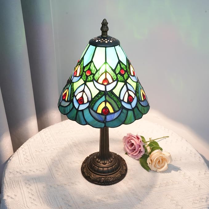 Green Peacock Decor Small Tiffany Style Table Lamp Antique Stained Glass Lamps Vintage Bedroom Bedside Reading Light Living Room Hotel Bar Kitchen Home Red Glass Bead Cute Accent Night Light 8 Inch - Bloomnest