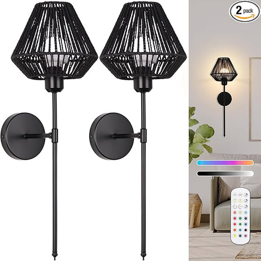 Battery Operated Wall Sconces Set of 2,Rattan Rechargeable Wall Light Dimmable with Remote Control,15 Color Changing and Timer,Boho Wireless Black Wall Lamps for Bedroom,Living Room - Bloomnest