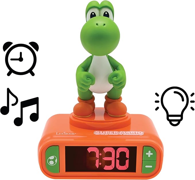 LEXiBOOK, Super Mario, Yoshi Nightlight Alarm Clock, Sounds and Melodies, LCD Backlit Screen, Luminous, Snooze, Red/Green, RL800NI1 - Bloomnest