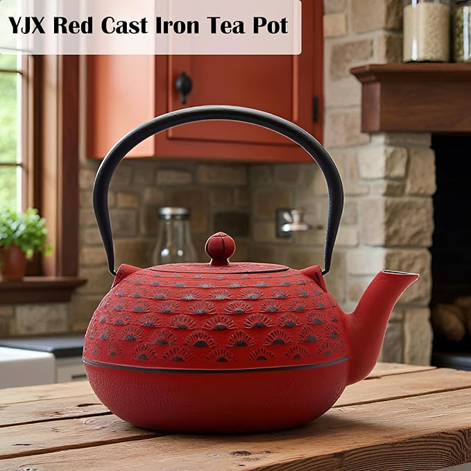 YJX 60.9 fl oz Cast Iron Teapot, Large Tea Kettle for Stove Top, Red Tea Pot with Stainless Steel Infuser for Loose Tea, 1.8L Japanese Enameled Metal Teapot - Bloomnest