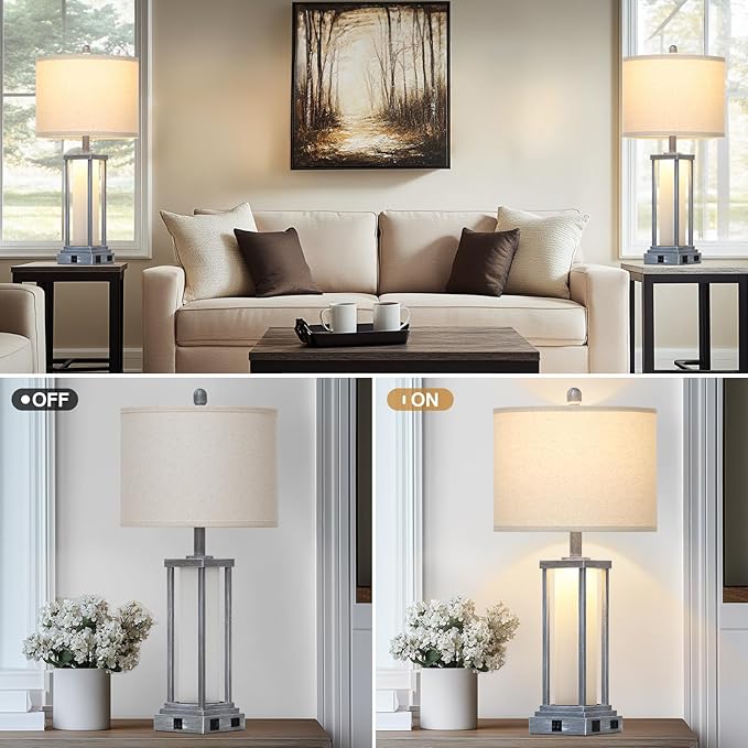 27" Tall Vintage Table Lamp Set of 2 with USB C+A & Outlet,Gray Nightstand Lamp for Living Room,Retro Bedside Lamps with Frosted Glass Night Light for Bedroom Entryway,Grey - Bloomnest