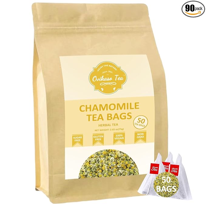 Ovikaso Tea, Chamomile Tea Bags, 50 Pyramid Tea Bags, 1.5g/bag, 100% Natural, Herbal Tea for Relaxation, Direct from Source, Non-GMO, No Caffeine - Bloomnest
