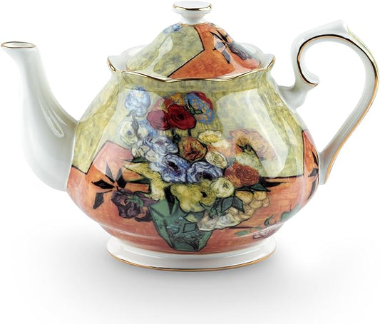 Teapot 30 oz Van Gogh Paintings Bone China Loose Tea Pot Floral Design Vintage Ceramic Coffee Water Pot European Style Porcelain (Flower Vase)