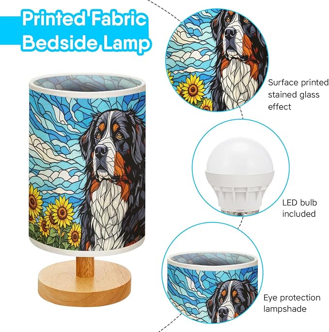 Bernese Mountain Table Lamp LED 3-Color Pressed Bedside, Dog Shade Lamp with Wood Base for Bedroom Living Room Desk Office - Bloomnest