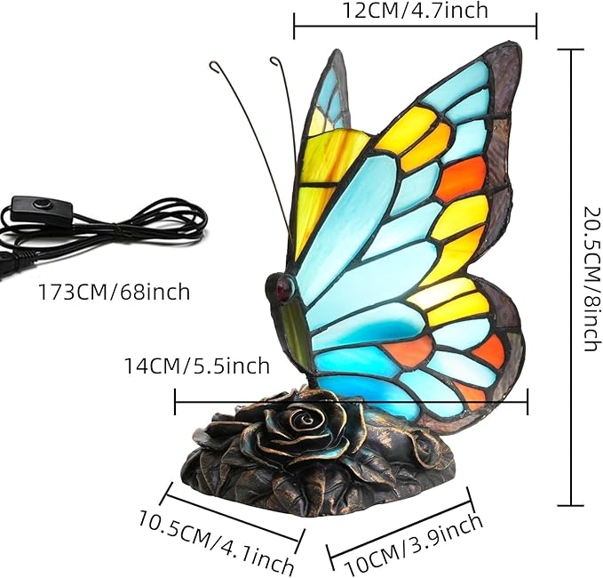 Sky Blue and Orange Bedside Lamp Cute Fun Butterfly Small Tiffany Lamp Vintage Style Stained Glass Table Lamp for Bedroom Dorm Decor Unique Nightstand Night Light Kids Gift Desk Lamps Rose Base - Bloomnest