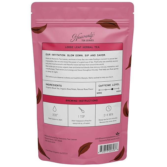 Heavenly Tea Leaves Organic Rose Black, Bulk Loose Leaf Black Tea, 1 Lb. (Approx. 200 Cups) - Strong, Full Bodied, Floral, Great For Hot Or Iced Tea, Antioxidant, Black Tea With Rose Petals - Bloomnest
