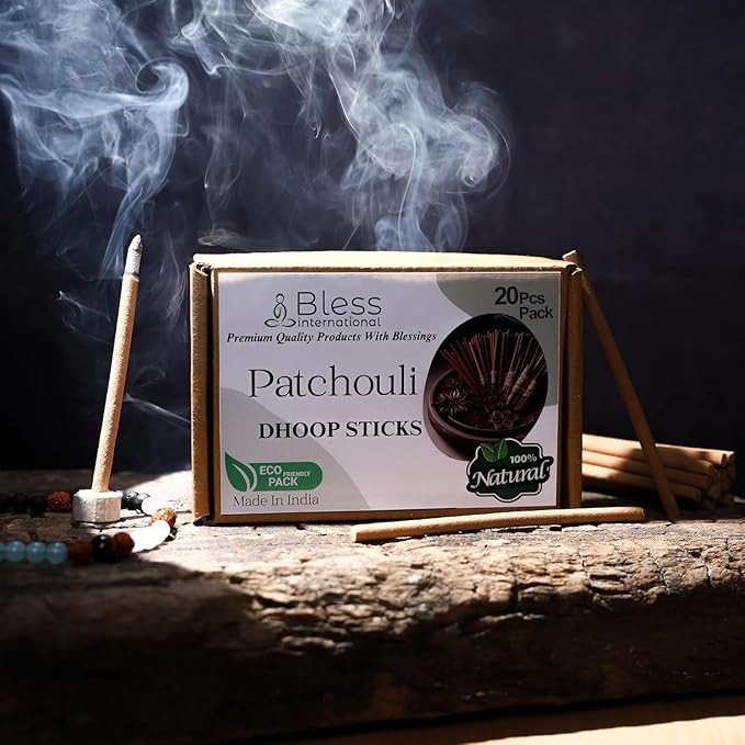 Bless-International Patchouli-100%-Natural-Incense-Bambooless-Dhoop-Sticks Handmade-Organic-Chemicals-Free for-Purification-Relaxation-Positivity-Yoga-Meditation The-Best-scents-4.5-Inches-20-Sticks BlessInternational