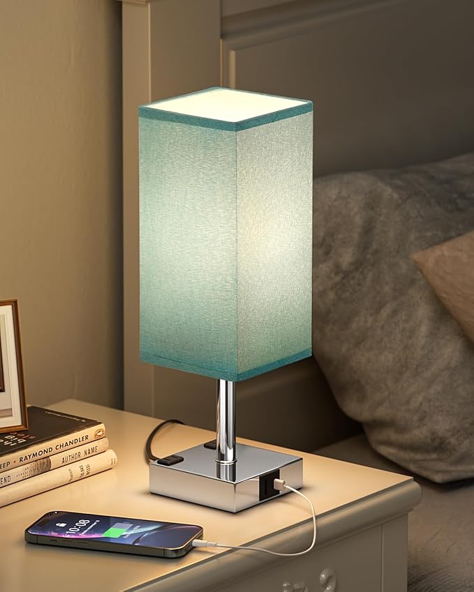 Touch Bedside Table Lamp for Nightstand - 3-Way Dimmable Night Lamp with USB A + Type C Charging Ports and Two AC Outlets, Small Desk Light with E26 Bulb for Bedroom Living Room Dorm, Turquoise - Bloomnest