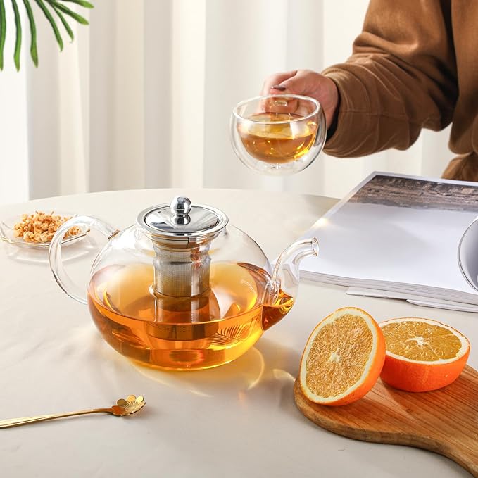 50OZ/1500ML Glass Teapot Set with 4 Double Wall Teacups & Removable Infuser, Stovetop & Microwave Safe Clear Tea Maker Water Kettle with 7OZ/200ML Tea Cups for Loose Leaf Blooming Tea - Bloomnest