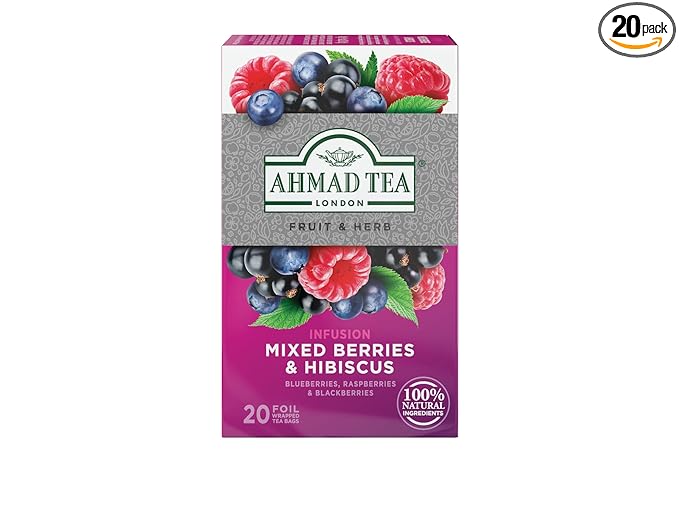 Ahmad Tea Herbal Tea, Mixed Berries & Hibiscus Teabags, 20 ct (Pack of 1) - Decaffeinated & Sugar-Free - Bloomnest