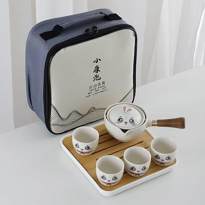 Ceramic Portable Travel Tea Set, Chinese Kungfu Tea Set with 360 Rotation Teapot and Infuser, 4 Tea Cups, Tea Tray And Travel Bag (Lovely Rabbit)
