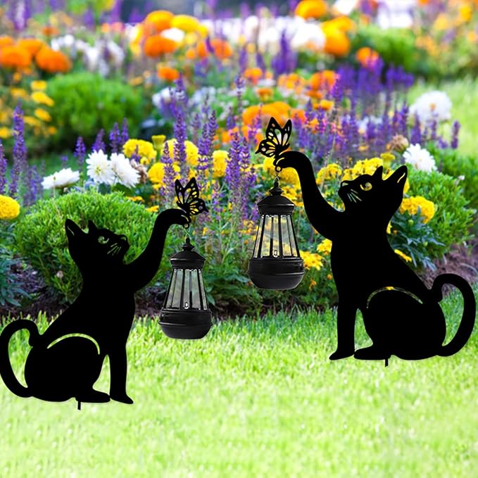 Solar-Powered Black Cat Garden Decor Stakes - Metal Silhouette Figurine for Outdoor Yard, Lawn, and Patio Decoration - Bloomnest