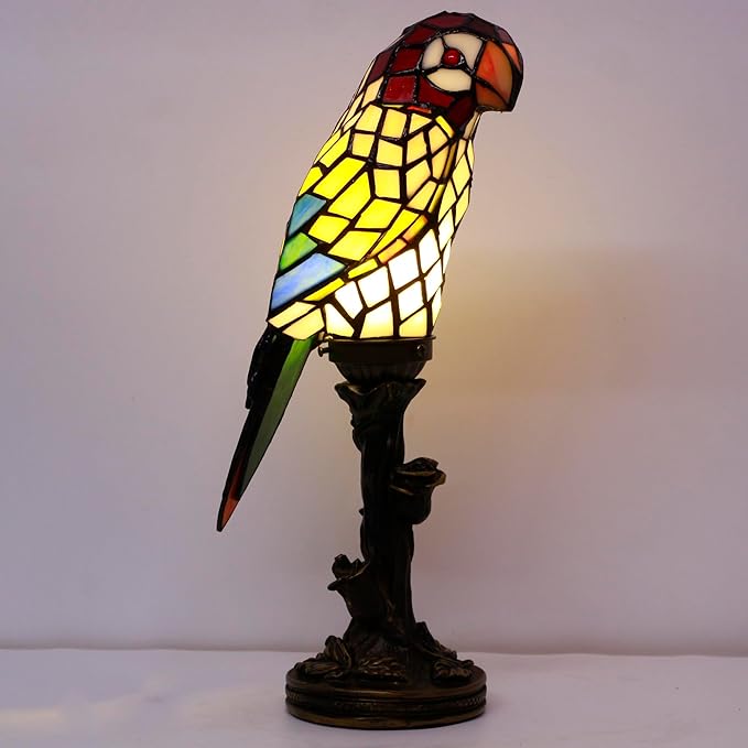Small Tiffany Lamp Parrot Table Lamp Stained Glass Accent Lamp 15.3 Inch Tall Mini Desk Bedside Night Light for Kids Bedroom (White) - Bloomnest