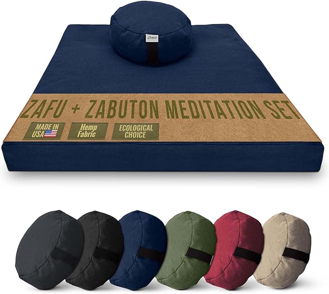 Meditation Cushion Mat Set HEMP - Round Zafu Floor Pillow Organic Buckwheat Pillow + Cotton Filled Zabuton Prayer Pad - Meditation Pillow Yoga Knee Pad - Made in USA - 14" Round, BLUEBERRY Hemp - Bloomnest