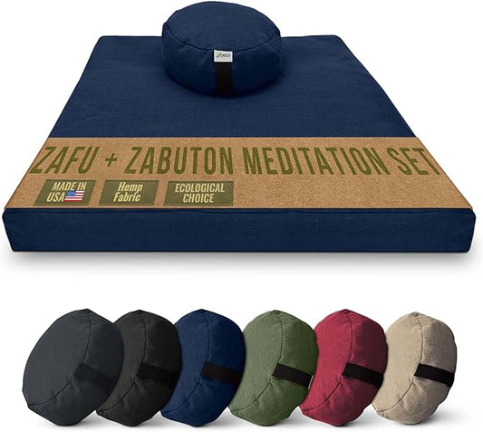 Meditation Cushion Mat Set HEMP - Round Zafu Floor Pillow Organic Buckwheat Pillow + Cotton Filled Zabuton Prayer Pad - Meditation Pillow Yoga Knee Pad - Made in USA - 14" Round, BLUEBERRY Hemp - Bloomnest
