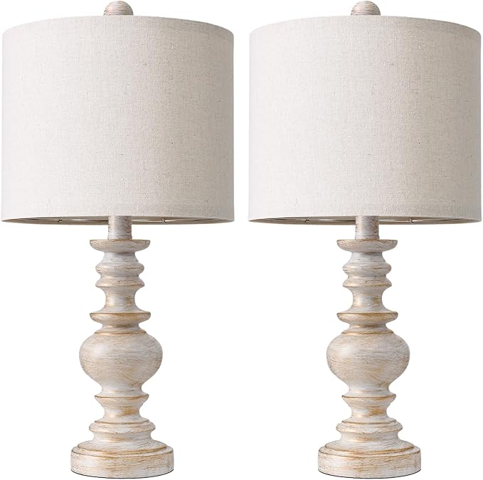 BOBOMOMO 20" Retro Table Lamps Set of 2 - Farmhouse Lamp for Living Room with Linen Shades, Rustic Bedside Nightstand Lamps, Resin Lamps for Bedroom Nursery Room Hallway - Ideal for Compact Spaces - Bloomnest