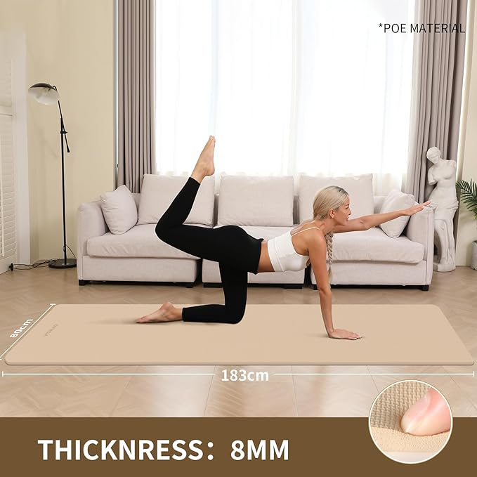 Extra Wide & Thick 8mm Yoga Mat, 72"x31.5" Large Non Slip Exercise Mat, Premium POE Material for Superior Cushioning & Stability, with Strap for Home Gym, Pilates