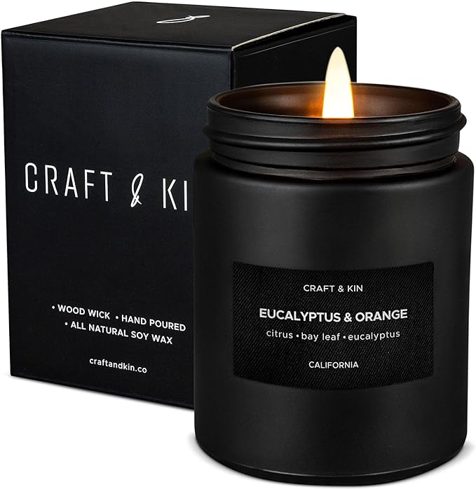 Craft & Kin Premium Orange & Eucalyptus Candle | Black Christmas Scented Candles for Home | Long Lasting with 45 Hour Burn Time, 7.6oz | Soy Holiday Candle | Aromatherapy at Home | Gifts for Men - Bloomnest