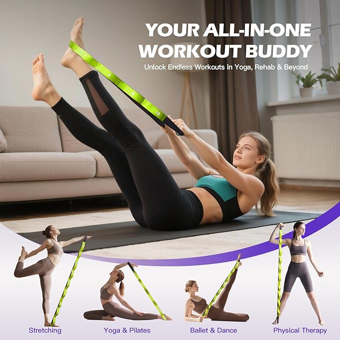 ROSAPOAR Stretching Strap with Loops - Non Elastic Yoga Straps for Physical Therapy, Durable Stretch Bands for Exercise, Flexibility Training, Hamstring & Leg Stretcher, Yoga/Pilates/Gymnastics - Bloomnest