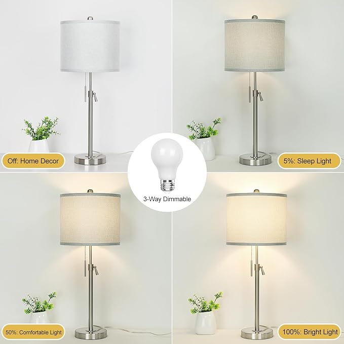 Brushed Nickel Table Lamps Set of 2: 22" to 30" Height Adjustable Nightstand Lamps with Grey Linen Shade Pull Chain Switch Silver Pole Beside Lamp for Living Room Bedroom (Brushed Nickel,Grey Shade) - Bloomnest