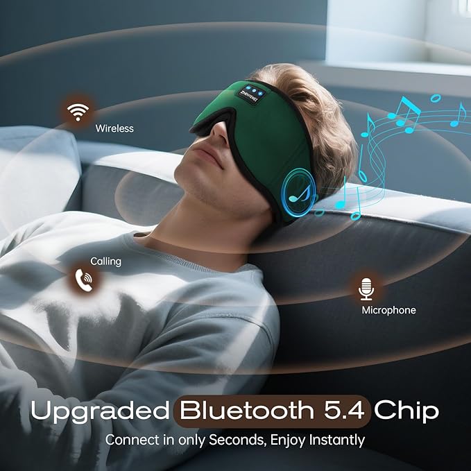 3D Sleep Mask with Bluetooth Headphones, Sleeping Headphones for Side Sleepers, Wireless Music Eye Mask with Ultra-Thin Stereo Speakers for Men, Women, Tech Gifts, Deep Green - Bloomnest