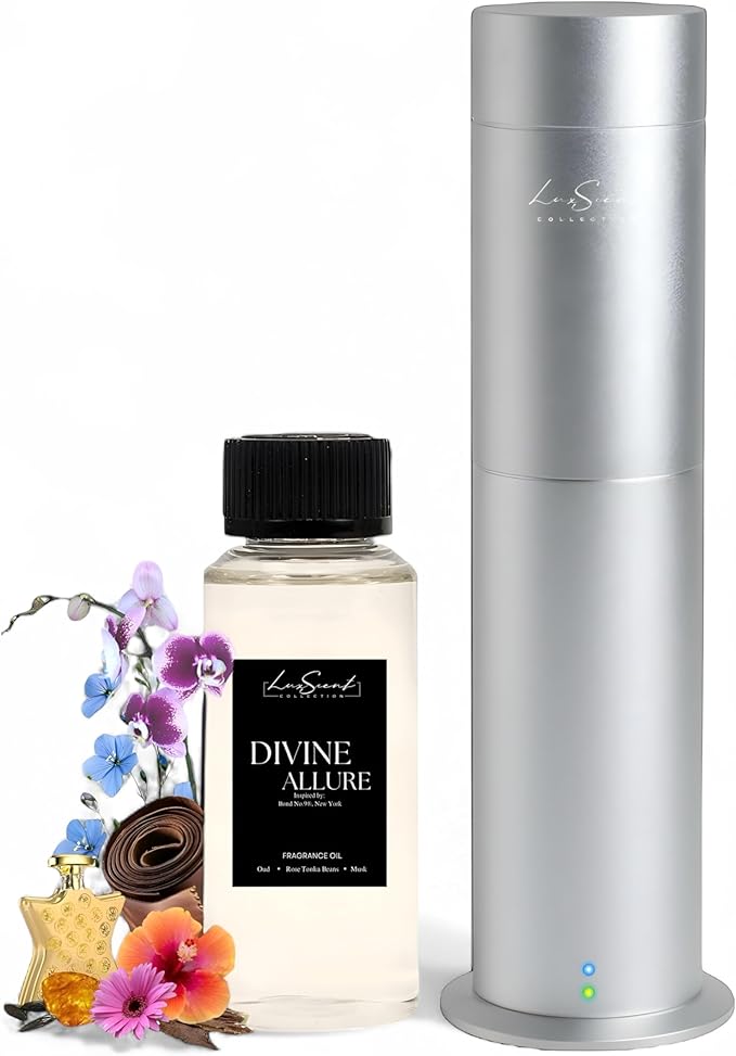 Aroma Scent Diffuser Starter Kit for Up to 1000SQ. FT. Coverage - 120ML Waterless Essential Oil Scent Included - Luxury Aroma Diffuser Ideal for Home, Office & Hotel (Silver, Divine Allure) - Bloomnest