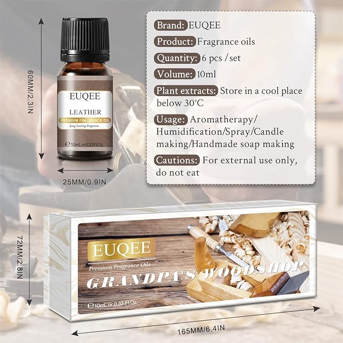EUQEE Fragrance Oils Gift Set Premium Woody Scented Oil - Forest Pine, Warm Rustic Woods, Bamboo & Teak, Cedarwood, Leather, Sweet Tobacc(Honeyed Haze), for Diffuser, Soap Making, Candle - 6x10ml EUQEE