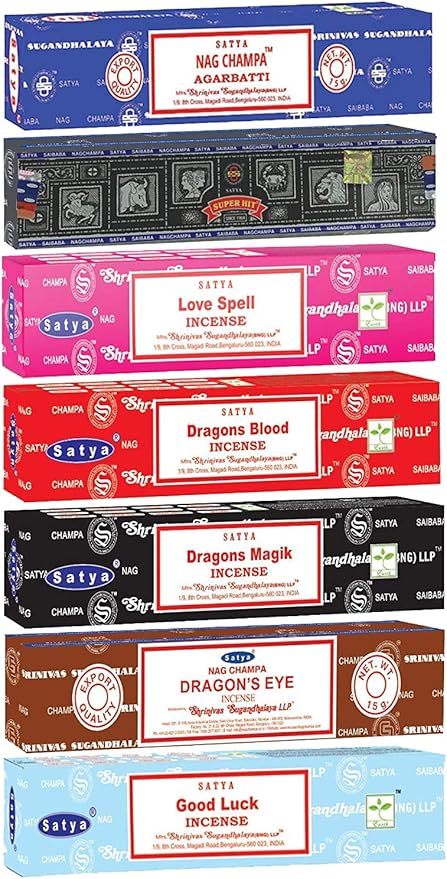 Satya Incense Sticks Gift Set, 7 Scents, Nag Champa, Super Hit, Dragon's Blood, Sandalwood, Patchouli, Lavender, Positive Vibes, 15g Each (Magic Mix) SoulSticks