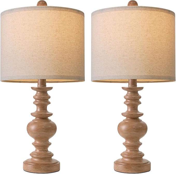 BOBOMOMO 20" Rustic Bedside Lamps Set of 2- Vintage Resin Table Lamps for Nightstands with Linen Shades, Farmhouse Lamps for Living Room, Bedroom, and Hallway (Light Brown) - Ideal for Compact Spaces - Bloomnest