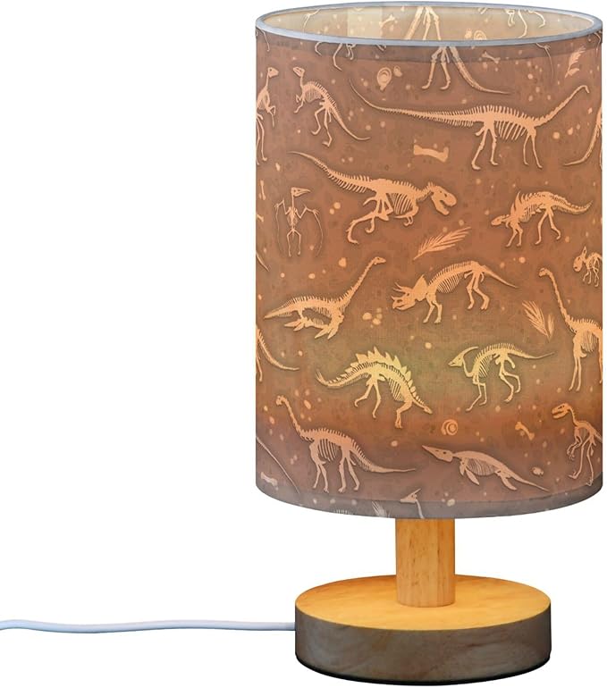 Table Lamp Dinosaur Fossil Dino Skeletons Pattern Nightstand Lamp with Wood Base Fabric Lamp Shade Bedside Desk Lamp for Living Room Bedroom Kids Room Office - Bloomnest