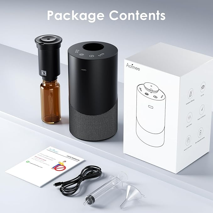 Waterless Essential Oil Diffuser for Home (Aluminum Alloy & Fabric) - Cordless Car Scent diffuser with 3 Timer & 3 Mist Levels - 2000mAh Battery Operated Scent Air Machine for Room Office Hotel, Black - Bloomnest
