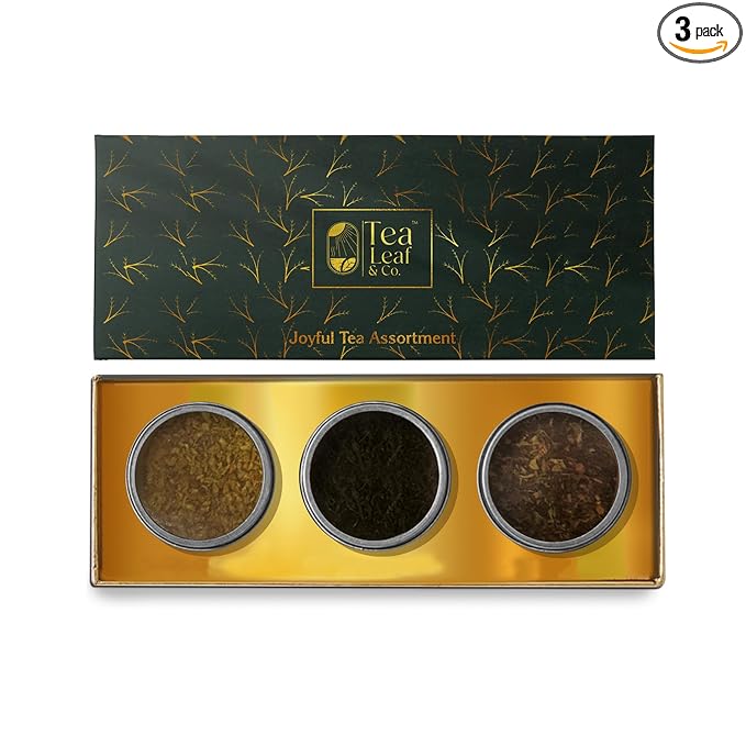 Tea Leaf & Co. Joyful 3 Pack Premium Tea Git Combo Box - Contains Sweet Hibiscus, English Breakfast Black & Turmeric Ginger Herbal Teas - Perfect for Premium Gifting (3Oz) - Bloomnest