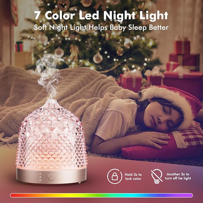 200ml Glass Reservoir Essential Oil Diffuser with Glass Dome Ultrasonic Aromatherapy Diffuser with Four Timer Colorful Light Auto-Off for Home Office Bedroom - Bloomnest