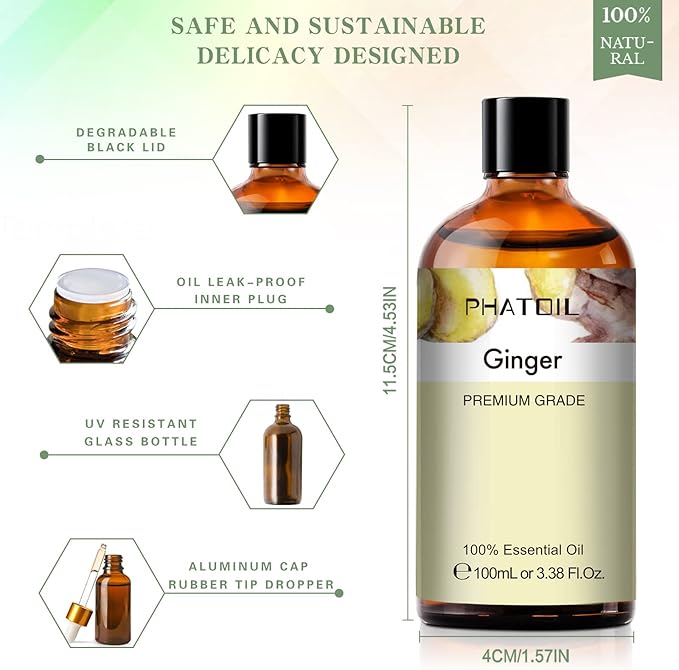 Ginger 3.38fl.oz Essential Oil, PHATOIL Pure Aromatherapy Oils for Diffuser, Humidifier, Perfect for DIY Soap, Candle, Bath Bombs Making(100ml) PHATOIL