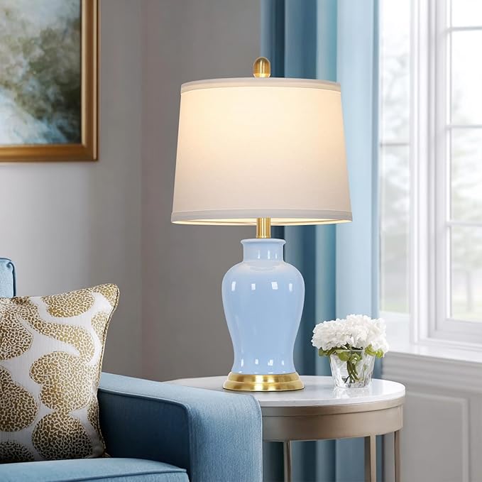 23" Modern Blue Ceramic Table Lamps Set of 2, Coastal Ceramic Lamps for Living Room, Classic Bedside Lamp with Ginger Jar Design, Elegant Bedroom Lamp for Night stand Desk Side End Table Home Decor - Bloomnest