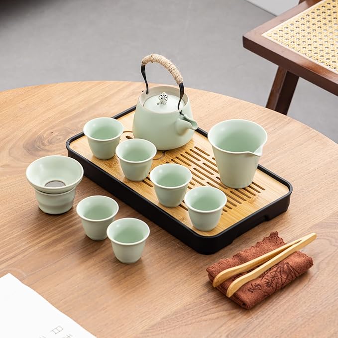 Travel tea set,Portable ceramic tea set,Chinese tea set,Tea sets for adults,Tea pot sets,Portable Travel Bag,Home,Gifting,Outdoor and Office,茶具 (Light green) - Bloomnest