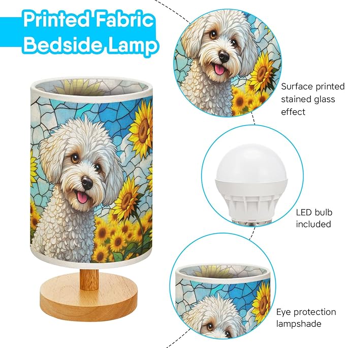 Bichon Frise Table Lamp LED 3-Color Pressed Bedside, Dog Shade Lamp with Wood Base for Bedroom Living Room Desk Office - Bloomnest