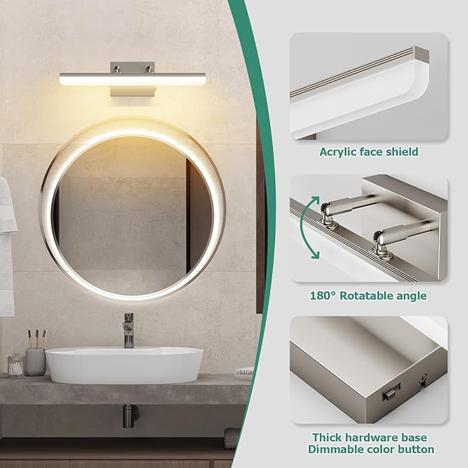 Brushed Nickel Vanity Light, 15.7” Dimmable LED Bathroom Light Bar with 5CCT, Adjustable Angle – Modern Wall Lighting for Bathroom, Powder Room, Bedroom, Apartment, Hotel - Bloomnest