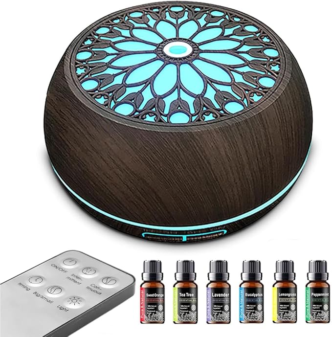 Essential Oils Diffuser Set for Home,Large Capacity 550ml Diffuser with Remote Control for Large Room,Mini Humidifier with LED Night Lights for Office Room Decor Gift for Women Men(Dark Wood Grain) Bloomnest