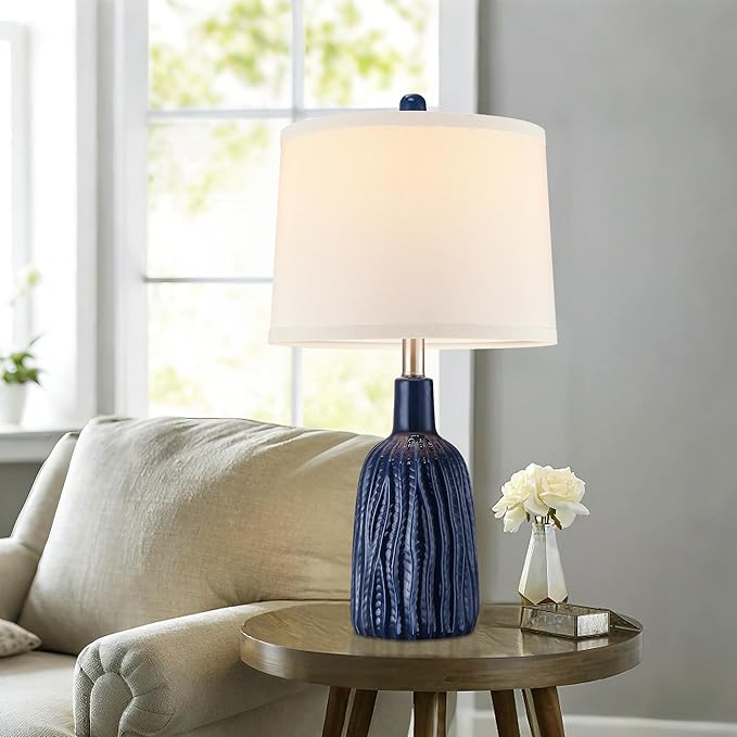 GRUENLICH Ceramic Table Lamp Set of 2 for Nightstand, 22.5" Modern Blue Bedside Lamp with 3 Adjustable Color Temperature, Bedroom Light for Living Room Desk End Table Office (2 LED Bulbs Included) - Bloomnest