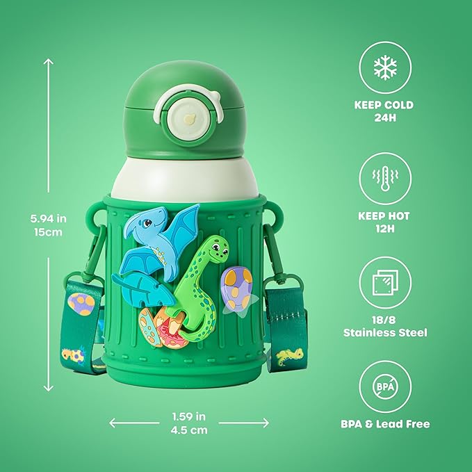 Kids Insulated Tumbler Set – 16oz Stainless Steel Water Bottle with Straw & Pour Lids, Screw-On Cup, Adjustable Strap, Silicone Sleeve & Charms – Leakproof BPA-Free Bottle for Boys & Girls - Bloomnest