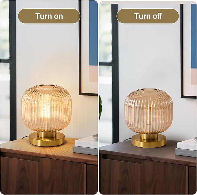 Small Amber Glass Table Lamp: Mid Century Modern Dimmable Nightstand Lamps - Vintage Decor Brass Desk Lamp with Plug - Ribbed Glass Bedside Tables Lamps for Bedroom Living Room Office Bulb Excluded - Bloomnest