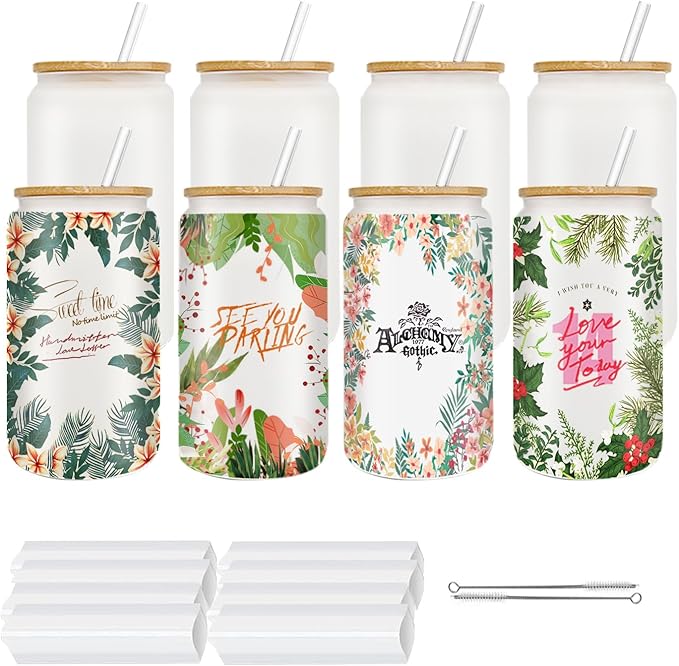 8 pack Sublimation Glass Cups with Bamboo Lid, 16oz Frosted Glass Cups with Lids and Straws, Sublimation Glass Blanks, Borosilicate Glasses for Beer, Juice, Soda, Iced Coffee, Drinks - Bloomnest
