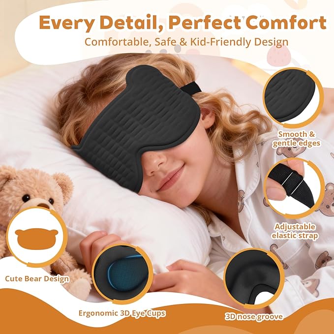 3D Kids Sleep Mask – Cute Bear Eye Mask for Sleeping, Comfortable Memory Foam Sleep Mask for Kids, Adjustable Strap and Lightweight Sleeping Mask for Boys Girls Teens Ages 5-15 (Black) - Bloomnest