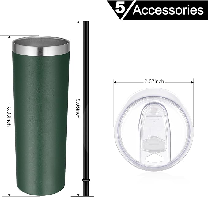 VEGOND Stainless Steel Skinny Tumbler, 20 oz Vacuum Insulated Tumbler with Lid and Straw, Double Wall Coffee Cup, Travel Mug for Cold Hot Drinks, Dark Green 1 Pack - Bloomnest